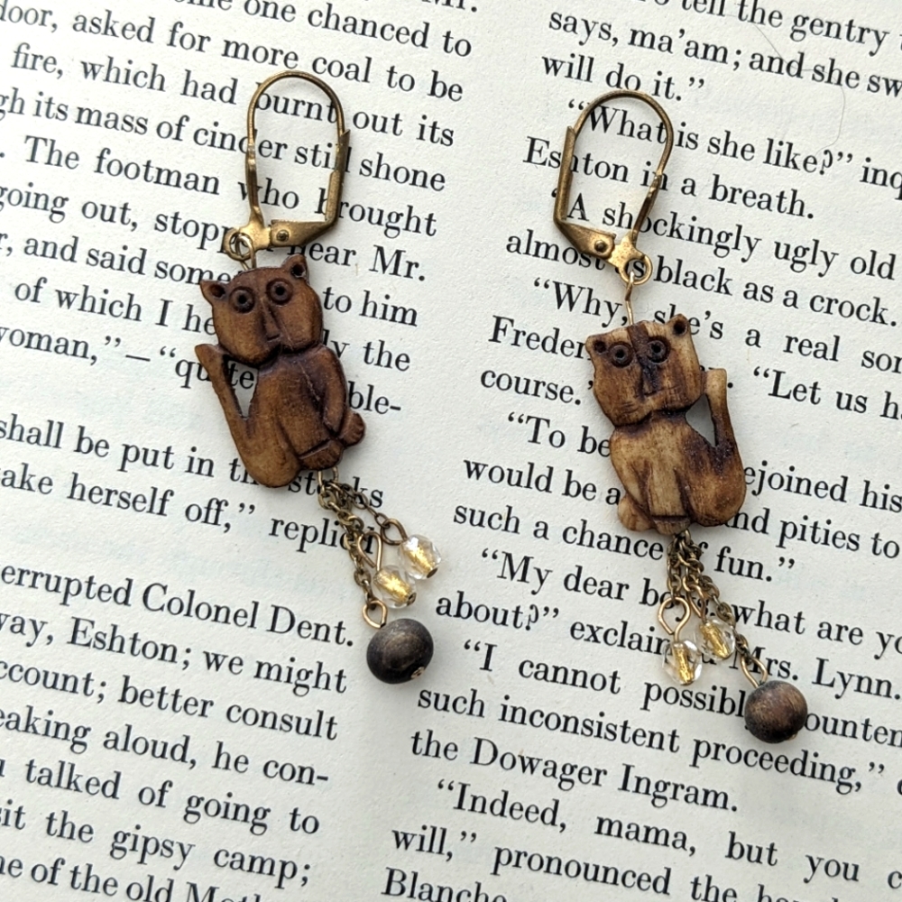 Beaded carved wooden cat earrings